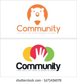 Design Logo With Orange White Bear Cute Face And Red Green Yellow Hand Palm Symbol Icon Suitable For Community Non Profit Parent Family Character Animal Pet Illustration