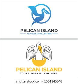 Design logo with pelicans circle blue yellow line art vector suitable for animal bird sea island company