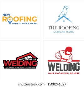 Design logo with pin navigation home roof dog and a man is welding vector suitable for construction roofing company welder business animal pet shop