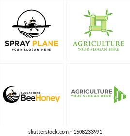 Design logo with plane circle land bee and bamboo leaf vector suitable for agriculture business company beekeeper nature