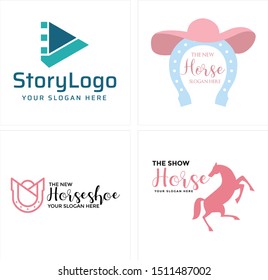Design logo with play button hat horseshoe and horse vector suitable for entertainment arts show performance animal 