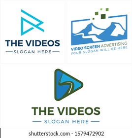 Design logo with play button triangle blue and mountain rectangle blue pixel green vector suitable for technology video advertising business company