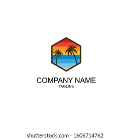 Design logo in polygon shape with palm and beach elements.