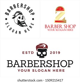 Design logo with skull head hair scissor illustration vector line art suitable for spa aesthetics barbershop business modern salon