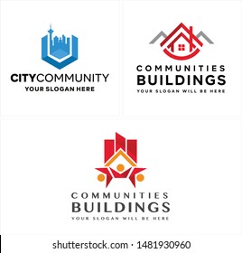Design logo with skyline blue home red and people chart roof suitable for community non profit foundation city company real estate