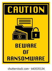 Design logo sticker with folder locked and massage beware of ransomware malware wannacry virus encrypted files. Vector illustration cybercrime and cyber security concept.