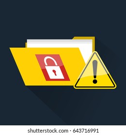 Design logo sticker with folder locked ransomware malware wannacry virus encrypted files and exclamation warning caution sign. Vector illustration cybercrime and cyber security concept.