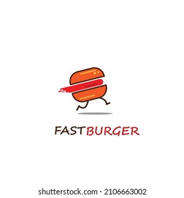 Design logo template for burger shop. Illustration of cute burger running. 