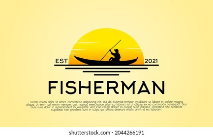 Design logo template. Vector illustration. With a landscape design of the sun and fisherman silhouette.