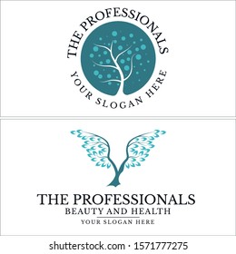 Design logo with tree bubble round blue and leaf wings vector suitable for beauty health education professionals business