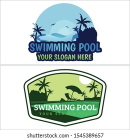 Design logo with tree palm bird wave water umbrella sun and beach chair illustration vector suitable for games recreational outdoor pool swimming holiday
