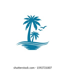 Design logo with tree palm bird wave water umbrella sun and beach chair illustration vector suitable for games recreational outdoor pool swimming holiday