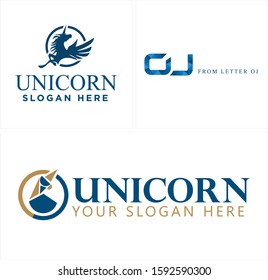 Design logo with unicorn winged horse circle and letter OJ blue line art vector suitable for technology software mobile Apps unicorn company animal