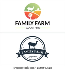 Design logo vector with llama alpaca grass landscape circle ribbon suitable for agriculture farm family livestock animal