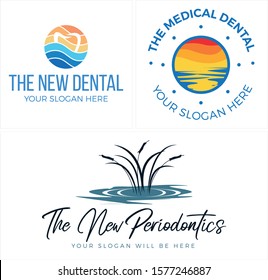 Design logo with wave icon tooth sunset circle dot and puddle water plant illustration vector combination  suitable for dental wellness clinic medical sea label