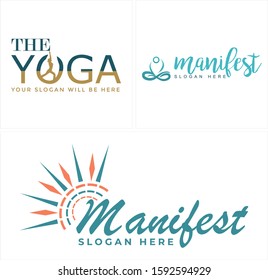 Design logo with a woman stretching people pose yoga meditation and sun illustration vector suitable for physical fitness training teacher