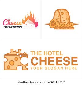 Design logo with yellow orange cheese hole fire and roof home combination vector suitable for travel food healthy snack store cake business hotel