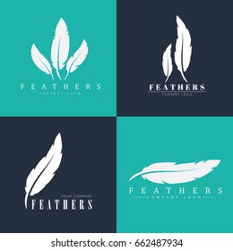 Design of logos with feathers. Templates for writers, book publishers and businesses. Vector illustration. Set