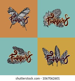 Design of logos with hand drawn feathers. Templates for writers, book publishers and businesses. Vector illustration