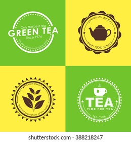 Design logos for tea shops, cafes or advertising package with a green and yellow background. Vector illustration. Set