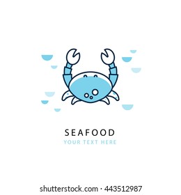 Design of logotype with crab. Design template in trendy linear style. Suitable for the emblem of seafood shop, restaurant, marine company, diving, oceanarium. Place for your text.