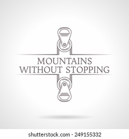 Design logotype with gray vintage line style climbing pulleys. Abstract vector illustration for rock climbing or ski with words Mountains Without Stopping for some business or website. Logo.