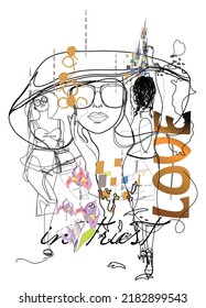Design with love in trust slogan.  Background with hands, palm leaves and flowers, fashion. Beautiful girl in lines.Handwritten lettering quote, slogan or saying. Hand drawn vector illustration.
