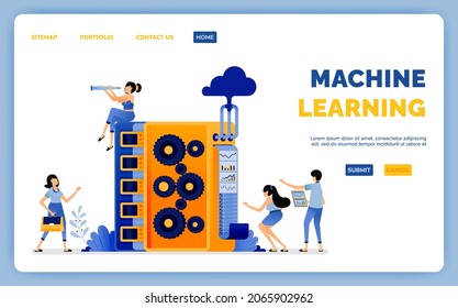 Design of machine learning for data processing on database system taken from cloud computing. vector illustration can be used for landing page, web, website, mobile apps, poster, flyer, ui ux