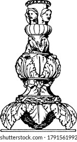 A design made out of marble, is richly decorated with foliage and human figures, vintage line drawing or engraving illustration.