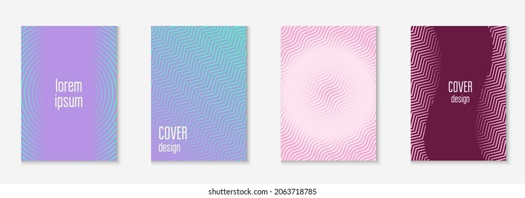 Design magazine cover. Dynamic page, banner, report, annual report layout. Purple and turquoise. Design magazine cover as template with line geometric element.