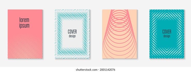 Design magazine cover. Minimal notebook, web app, flyer, report concept. Pink and turquoise. Design magazine cover as template with line geometric element.