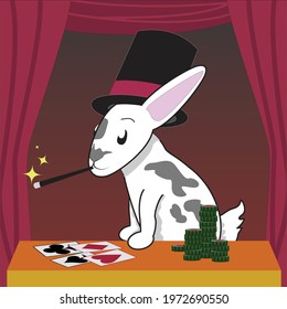 
Design of a magician rabbit playing poker in a casino. Illustration of bunny cartoon.