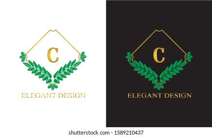 Design of magnificent ancient monogram. Decorative ornament on dark and light background with letter C. Gold and black pattern of brand, business sign, restaurant, boutique, hotel, emblem, jewelry.