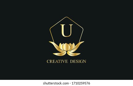 Diseño de magnífico monograma real con letra U sobre fondo negro. Elegante logo floral dorado para negocios, restaurante, boutique, café, hotel y más.
