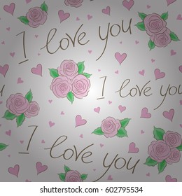 Design maked in beige colors over a white backdrop. Vector illustration. Seamless pattern vector Valentine background with abstract hearts, flower, and love text.