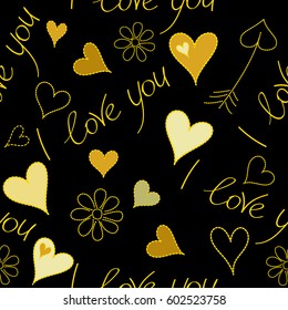 Design maked in black and yellow colors over a black backdrop. Vector illustration. Seamless pattern vector Valentine background with abstract hearts, flower and I love you text.