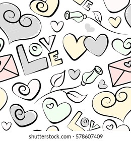 Design maked in gray colors over a white backdrop. Vector illustration. Seamless pattern vector Valentine background with abstract hearts, flower, letter and love text.