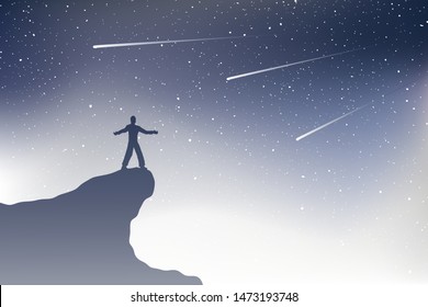 Design Of Man In Mountain Watching Shooting Stars