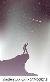 Design Of Man In Mountain Watching Shooting Stars