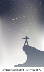 Design Of Man In Mountain Watching Shooting Stars