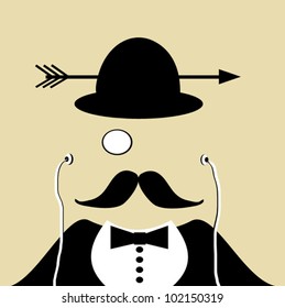 design of man wearing earphones and monocle with arrow through bowler hat