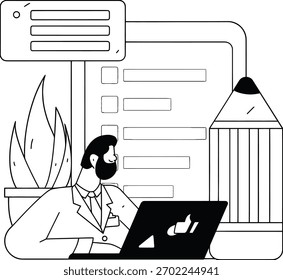 Projeto homem trabalhando laptop checklist formulário online pesquisa documento digital lápis planta escritório profissional vertador arte ilustração png