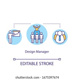 Administrador de diseño, icono de concepto líder de equipo. Ilustración de línea delgada de la idea del organizador de trabajo de estudio. Ejecutivo creativo del taller. Dibujo de color RGB con contorno aislado por vectores. Trazo editable