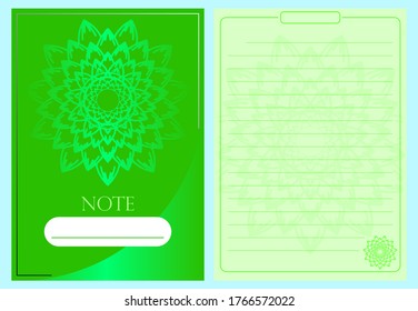 the design of the mandala patterned notebook green color on the cover and the 1 page notebook design