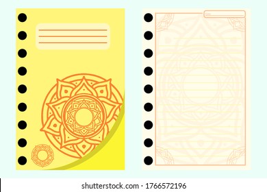 the design of the mandala patterned notebook orange color on the cover and the 1 page notebook design