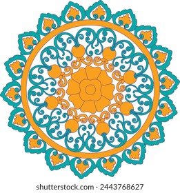 a design mandala in yellow and blue with orange and green colors.