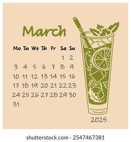 design of the March calendar for 2025 with a glass of cold mahito with lime and mint. The spring month. A painted calendar planner in a minimalistic style, an annual organizer. Numbers for every day