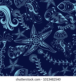 Design of marine life pattern with fish, snails, plants and jellyfish.