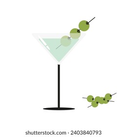 Design Martini glasseswith olive isolated transparent background. Flat holiday template. Vector illustration can used print, card cover and social media poster. Bar drinks concept.