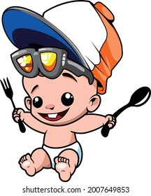 Design mascot vector of baby with blue hat holding spoon and fork